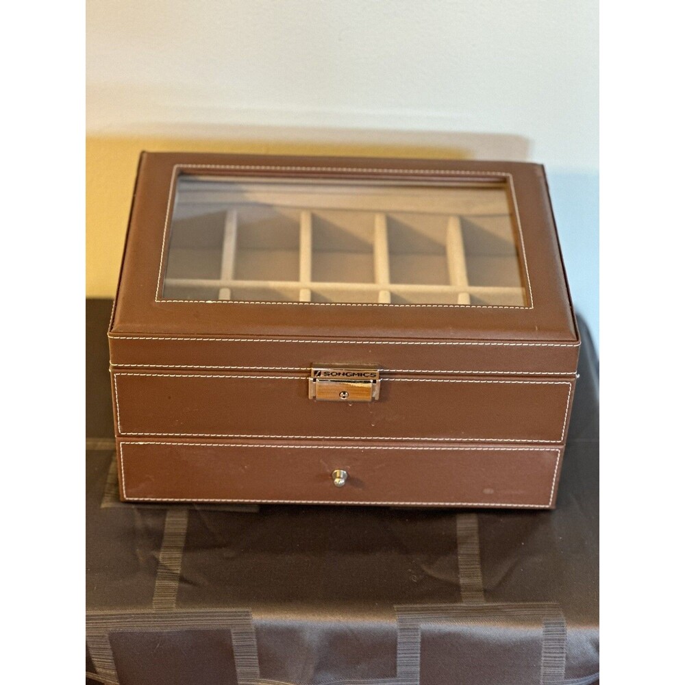 Songmics Jewelry Box, Glass Lid, Faux Leather, 2 Keys 1 Drawer, 10 Compartments.